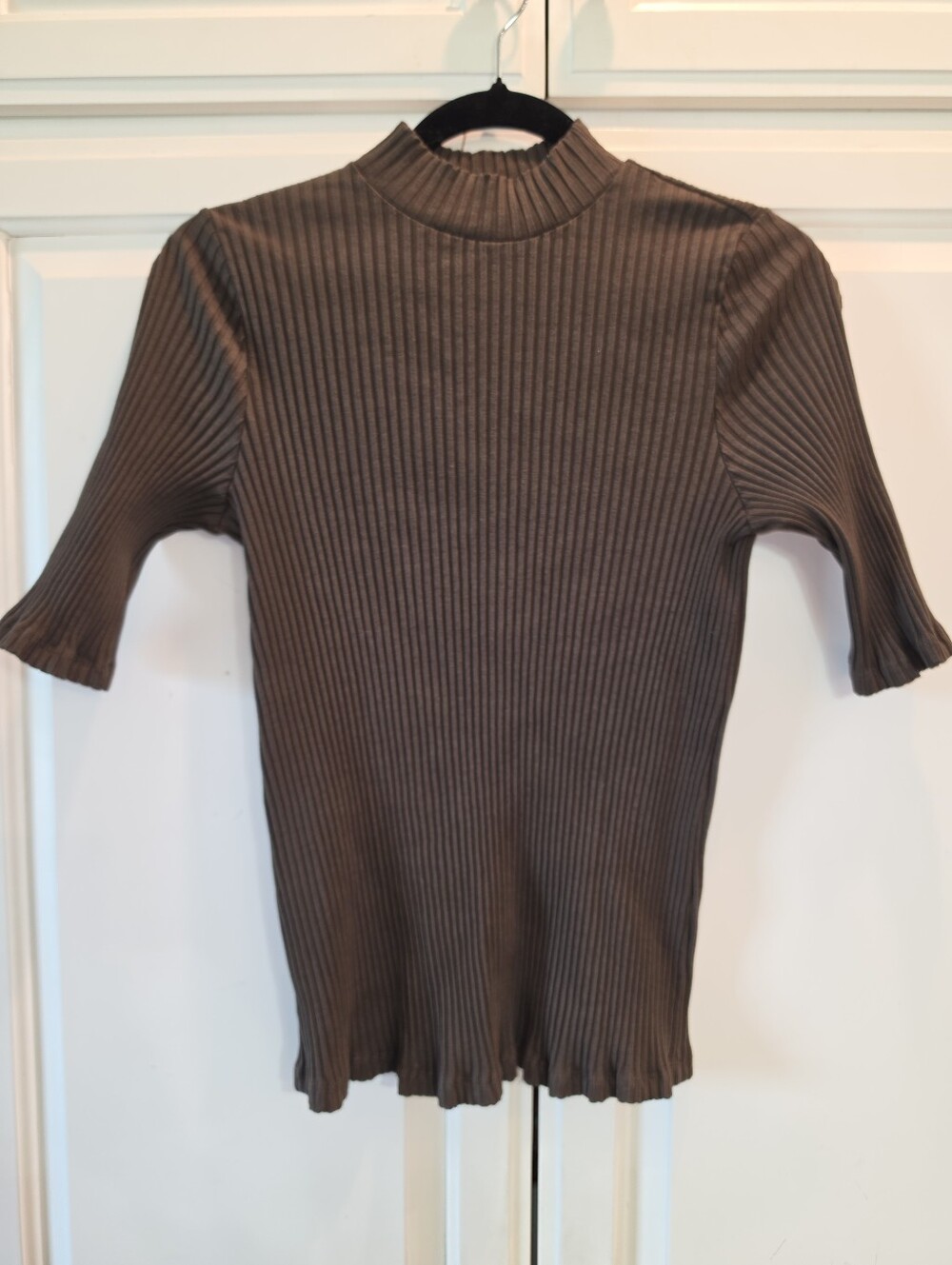Eileen Fisher Brown Ribbed Mock Neck Short Sleeve Top Size Snall
